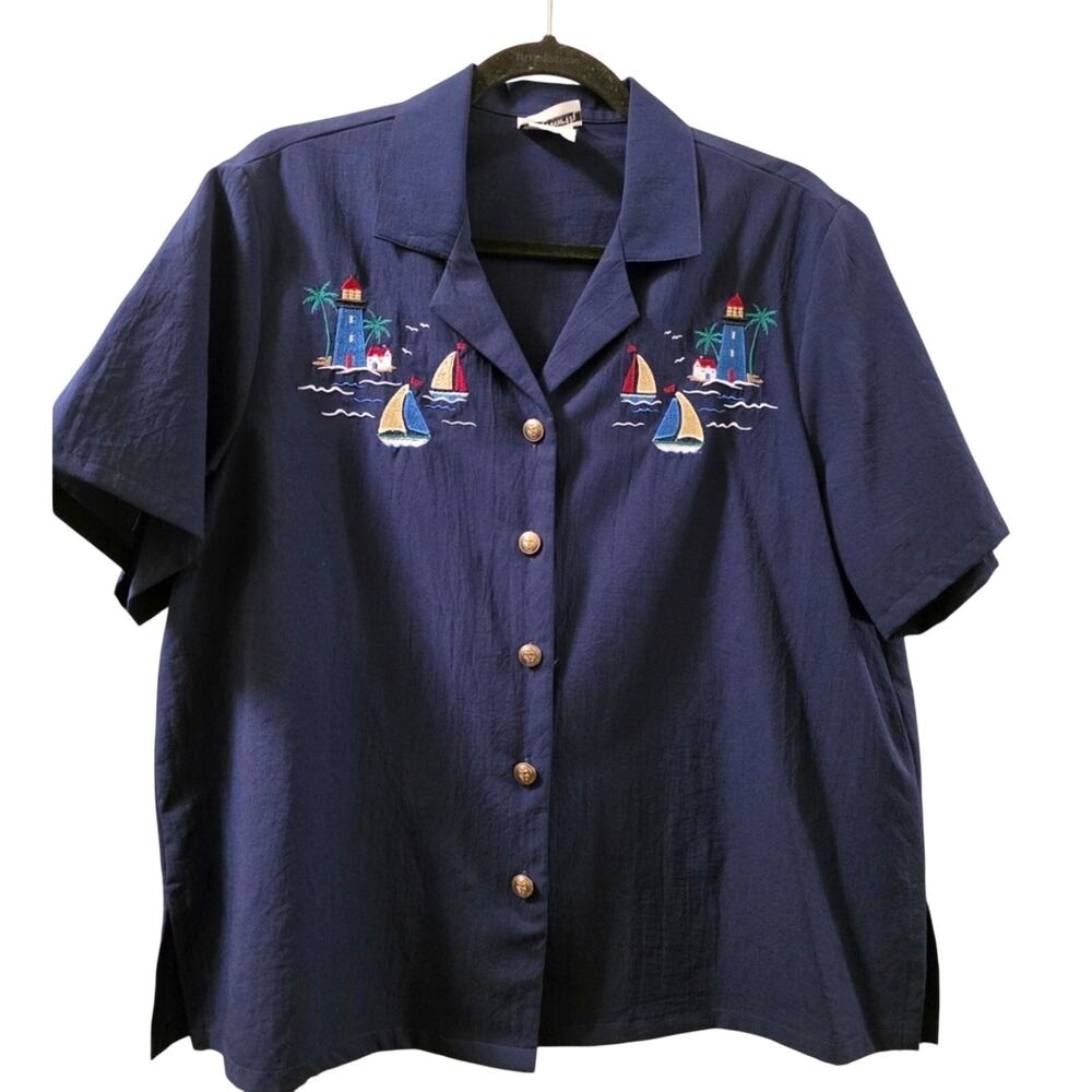 Vintage Nautical Sailboat Embroidered Button-Up Shirt Lighthouse MP Bon Worth